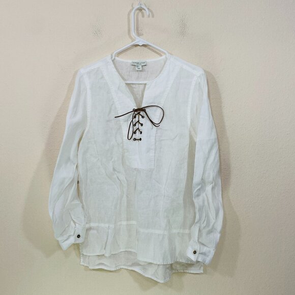 Adrienne Vittadini Womens Large 100% Linen White‎ Tunic Long Sleeve Lace Up - Picture 1 of 5